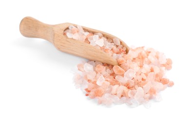 Pink Himalayan salt and wooden scoop on white background