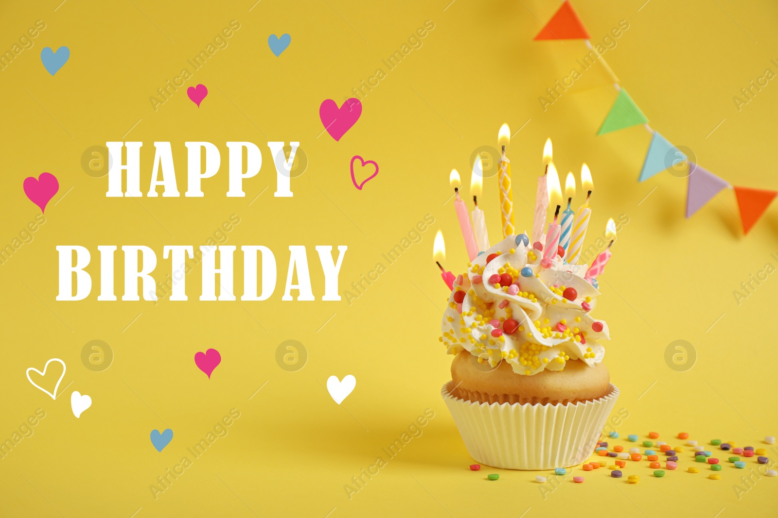 Image of Text Happy Birthday and delicious cupcake with burning candles on yellow background