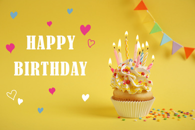 Image of Text Happy Birthday and delicious cupcake with burning candles on yellow background