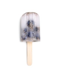 Photo of Tasty blueberry popsicle isolated on white, top view