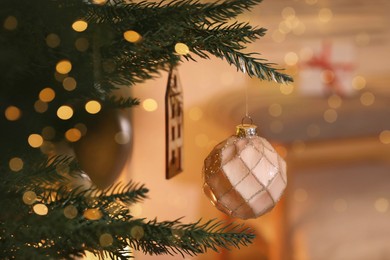 Closeup view of Christmas tree with beautiful decor