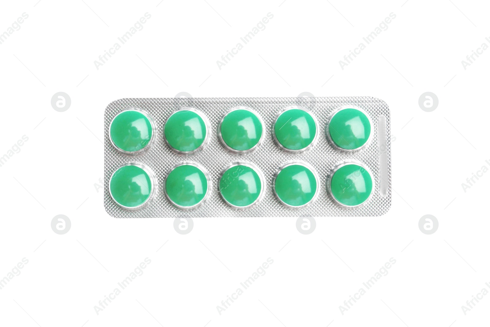 Photo of Pills in blister pack on white background, top view