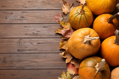 Flat lay composition with different ripe pumpkins on wooden background, space for text. Holiday decoration