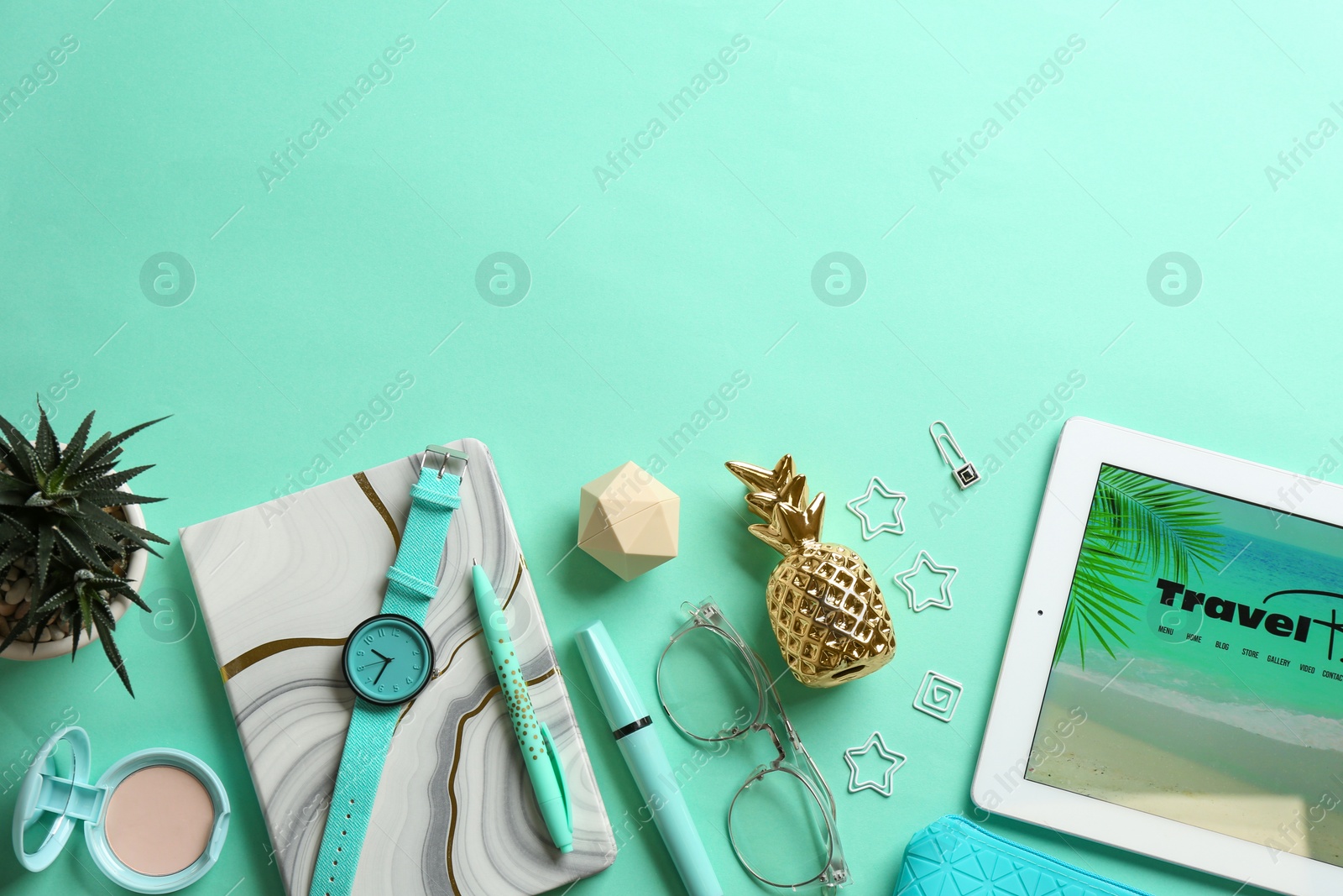Photo of Flat lay composition with tablet, makeup products and accessories on color background, space for text. Professional blogger