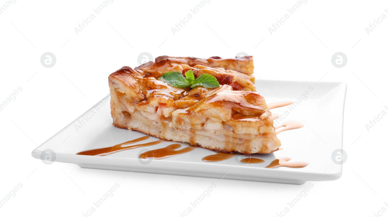 Photo of Slice of traditional apple pie on white background