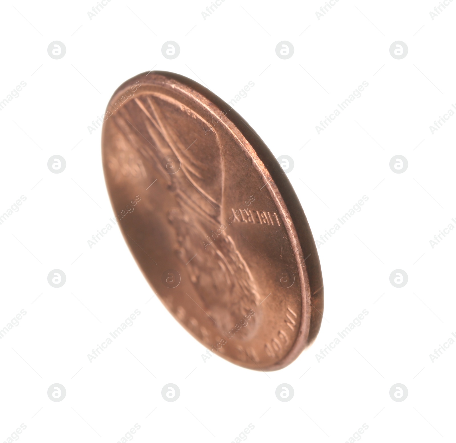 Photo of United States one cent coin on white background