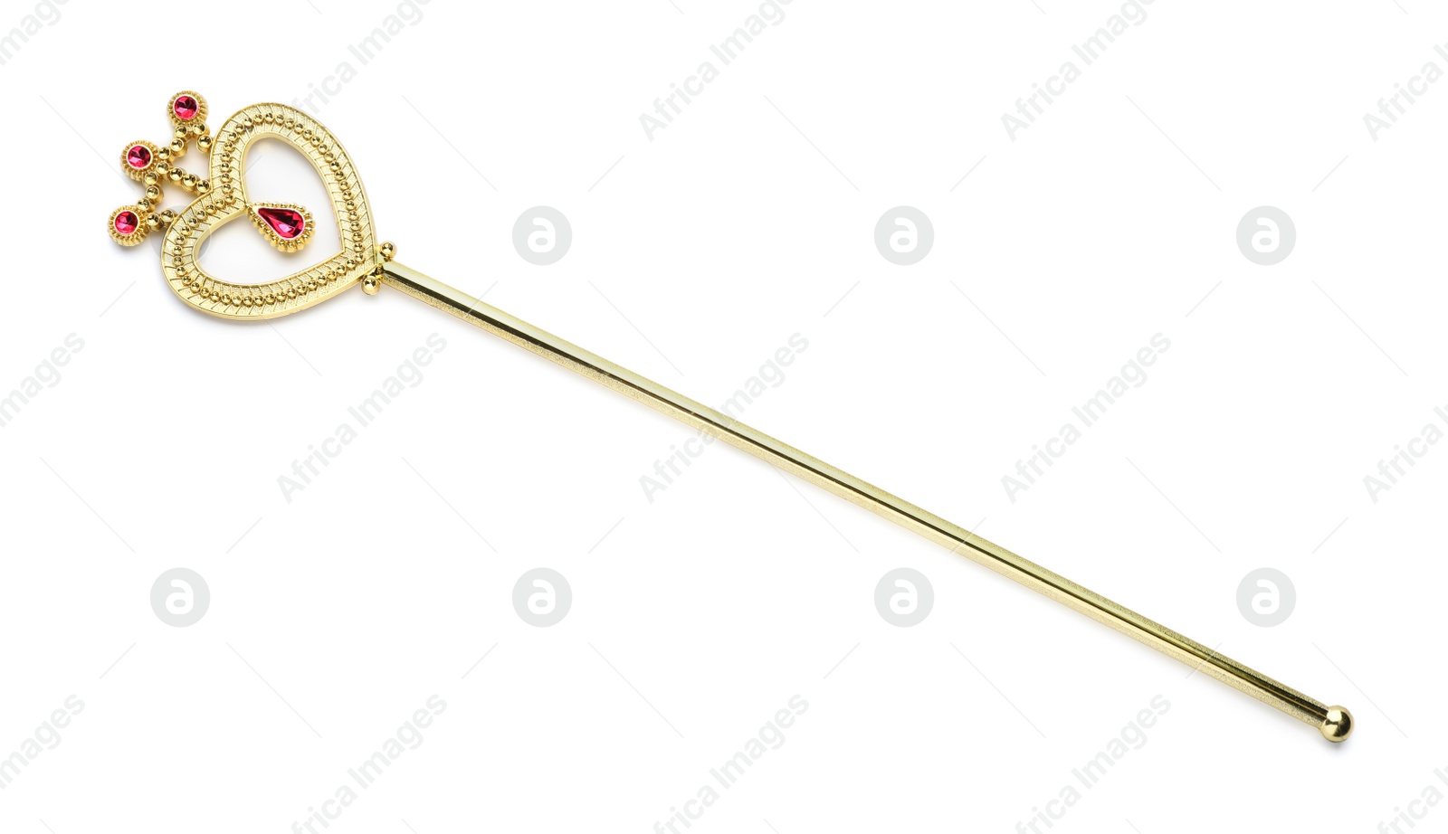 Photo of Beautiful golden magic wand isolated on white, top view