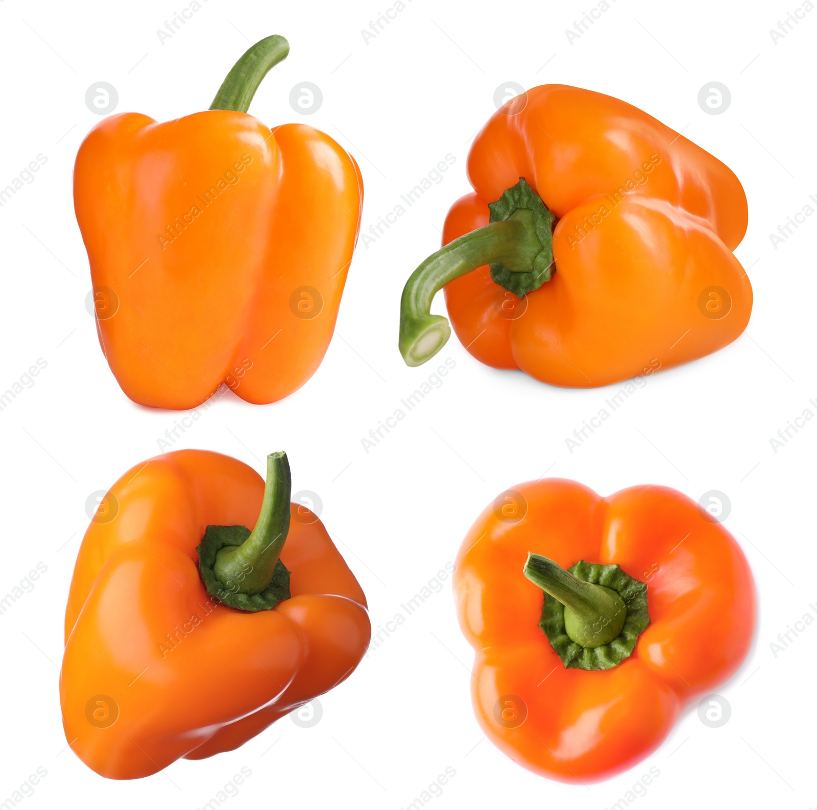 Image of Set of ripe orange bell peppers on white background