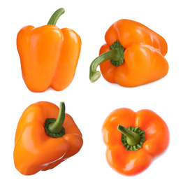 Set of ripe orange bell peppers on white background