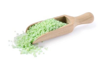 Wooden scoop with green sea salt on white background
