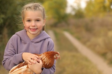 Farm animal. Cute little girl holding chicken in countryside, space for text