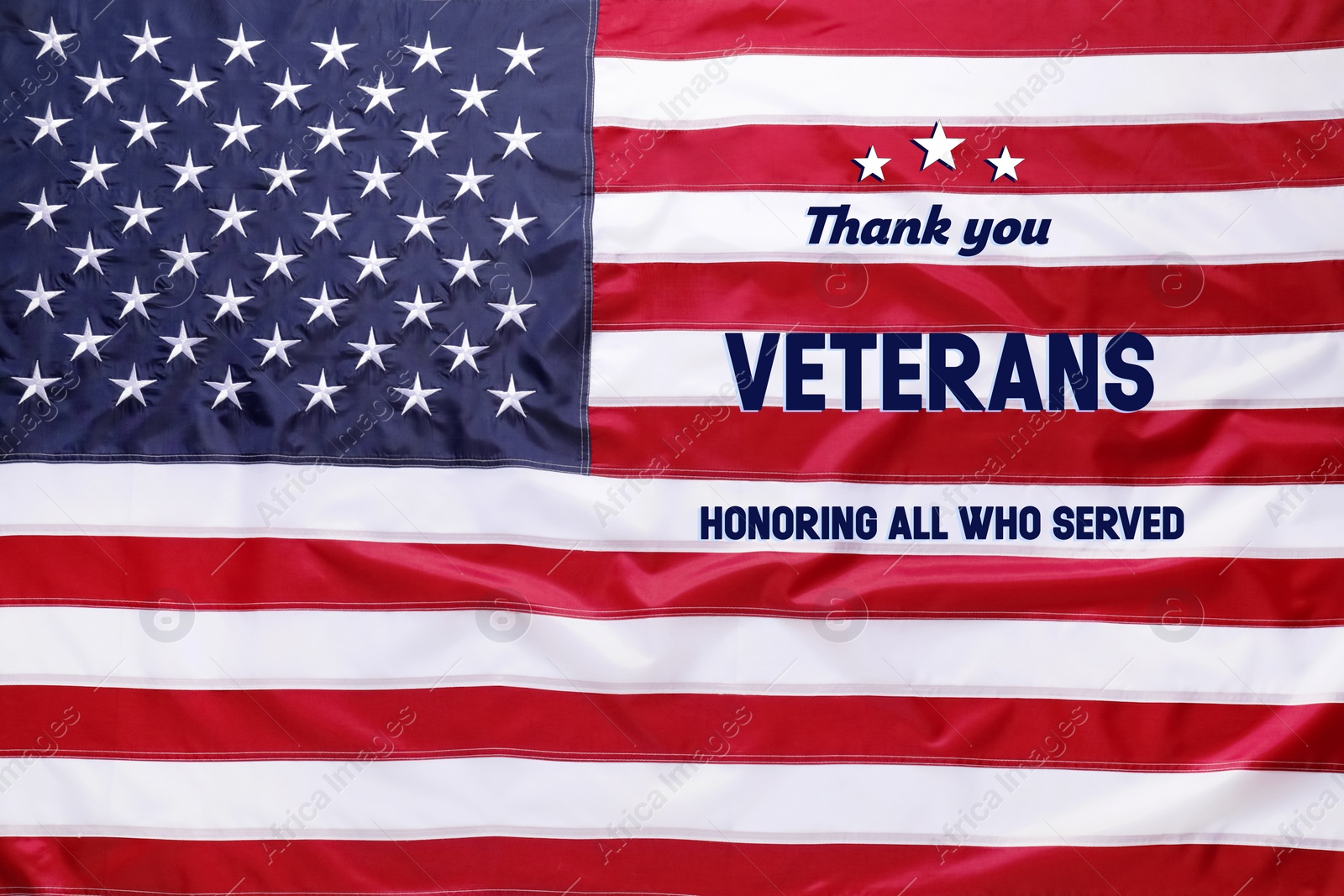 Image of Veterans day. Honoring all who served. American flag as background, closeup