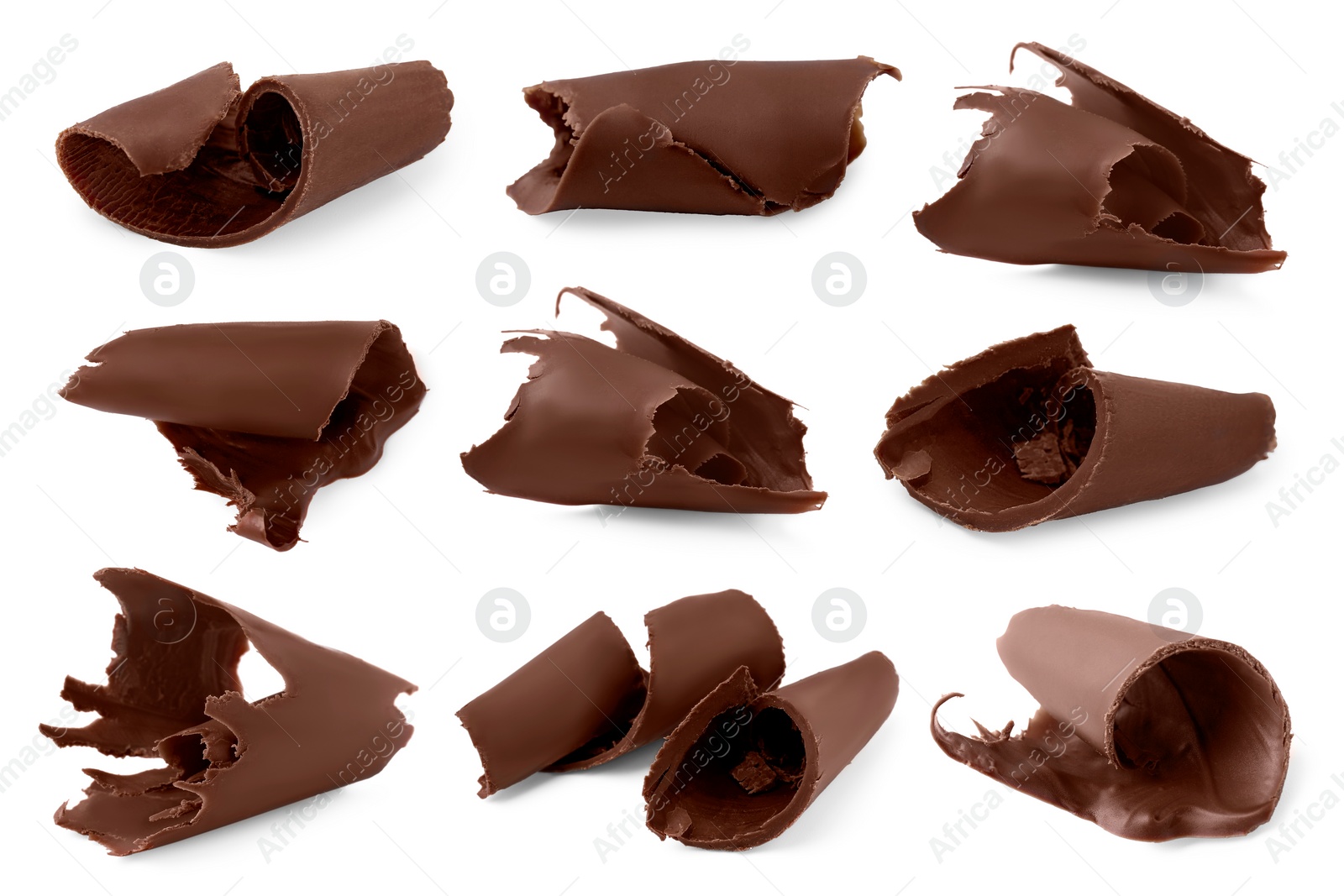 Image of Many chocolate curls isolated on white, collection