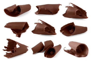 Image of Many chocolate curls isolated on white, collection