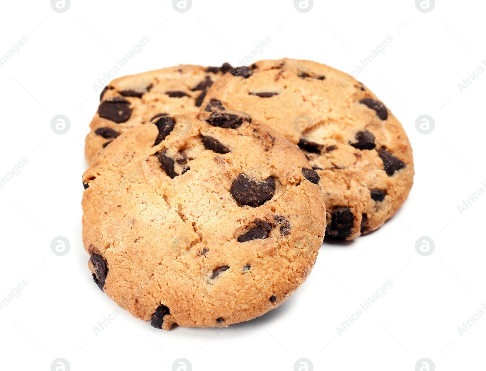 Photo of Delicious chocolate chip cookies on white background