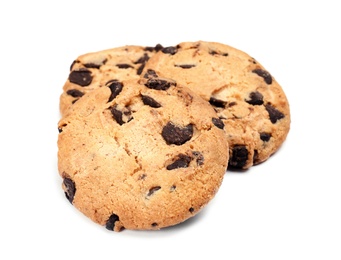 Delicious chocolate chip cookies on white background