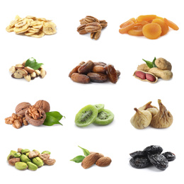 Set of different dry fruits and nuts on white background