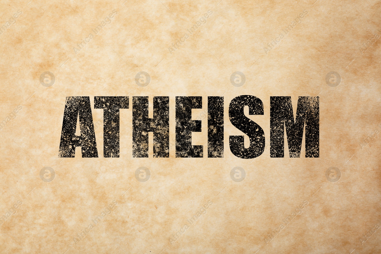 Illustration of Black word Atheism on beige textured background. Philosophical or religious position