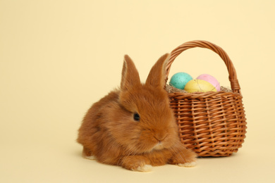 Adorable fluffy bunny near wicker basket with Easter eggs on yellow background