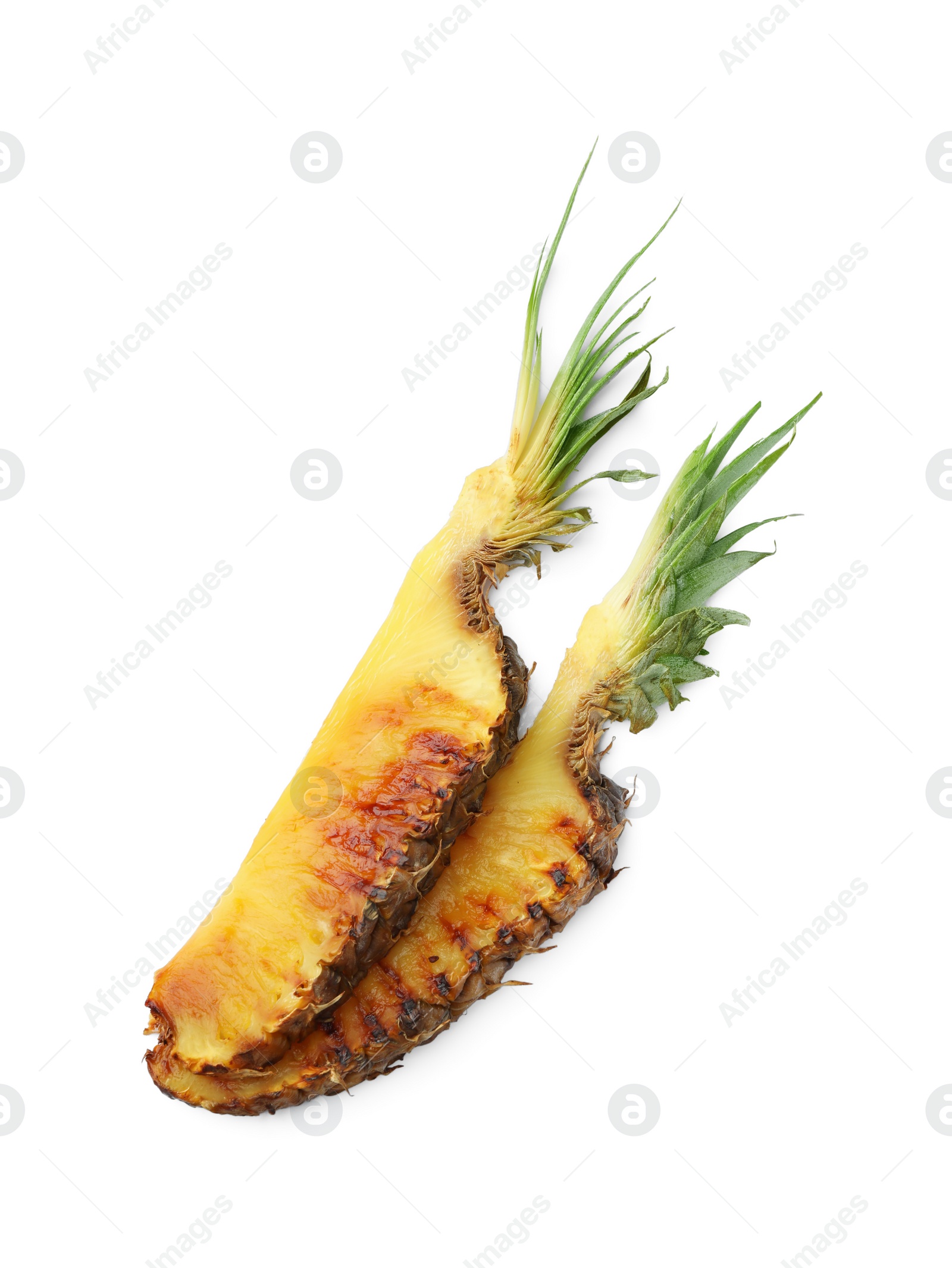 Photo of Pieces of tasty grilled pineapple isolated on white, top view