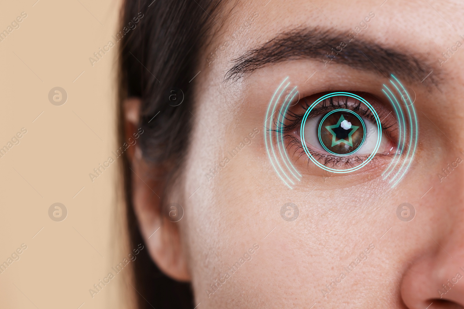 Image of Vision test. Woman and digital scheme focused on her eye against beige background, closeup