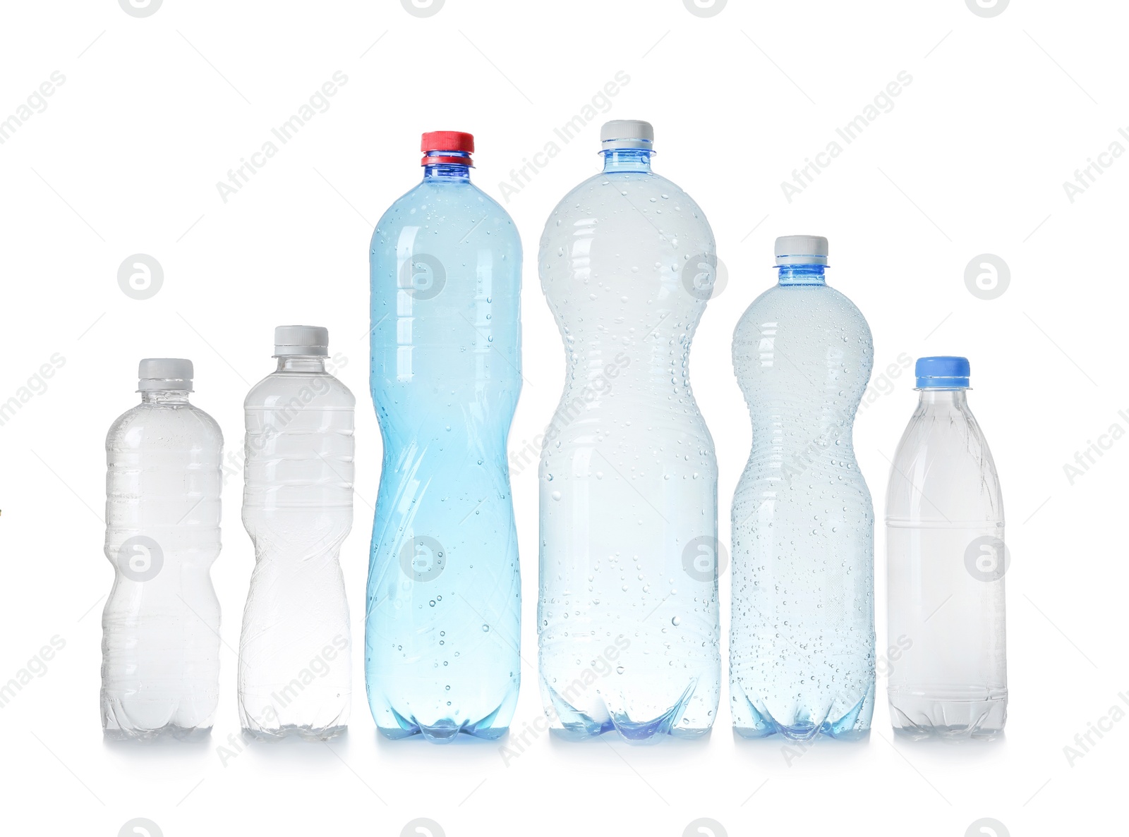 Photo of Plastic bottles on white background. Recycle concept