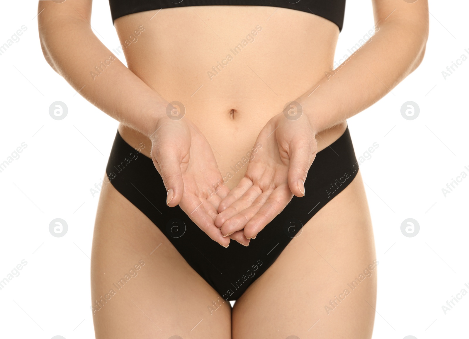 Photo of Gynecology. Woman in underwear on white background, closeup