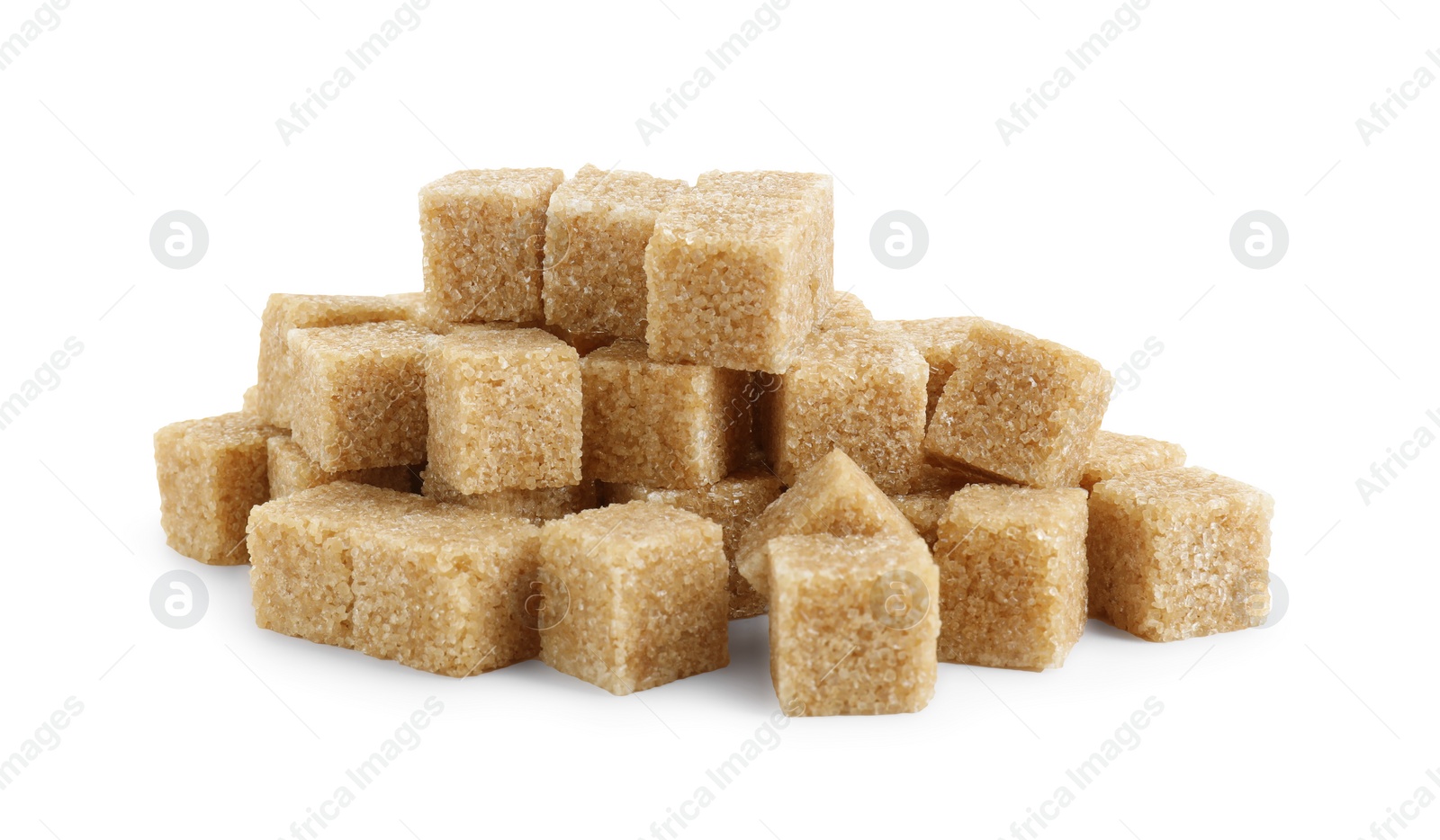 Photo of Many brown sugar cubes isolated on white