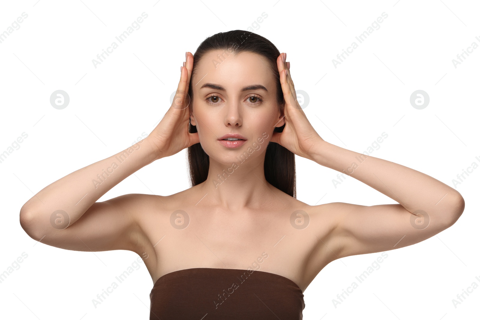 Photo of Portrait of beautiful young woman on white background