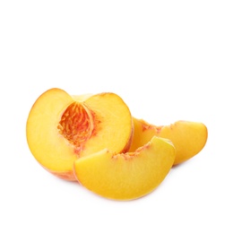 Cut fresh ripe peach isolated on white