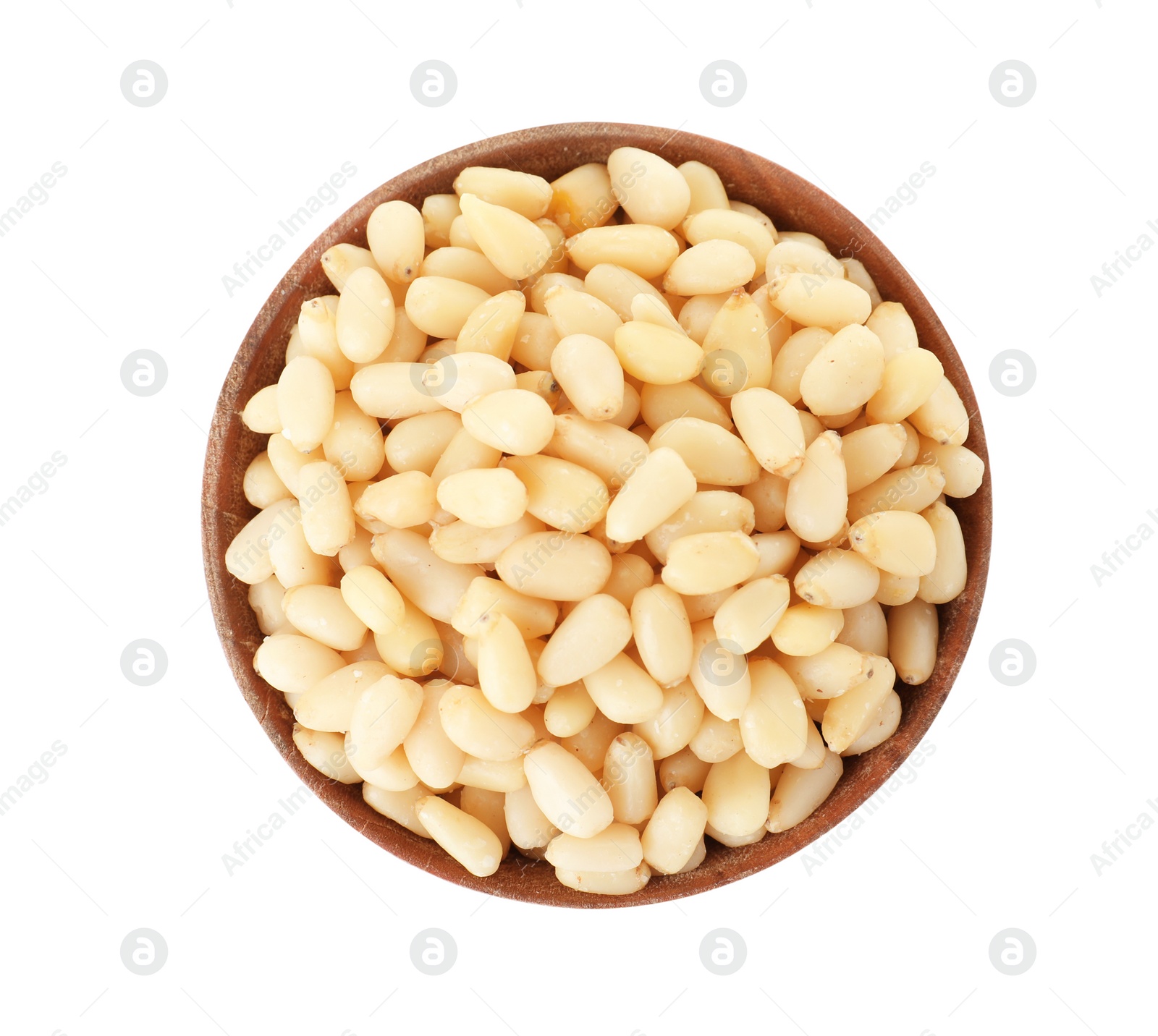 Photo of Bowl with pine nuts on white background, top view