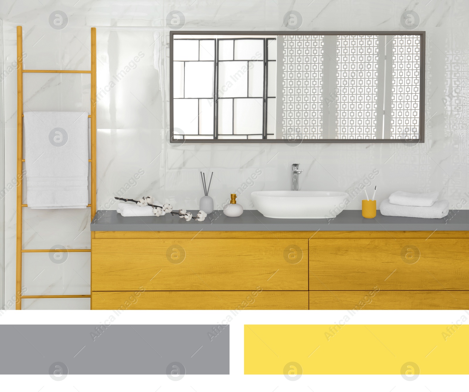 Image of Color of the year 2021. Large mirror over vessel sink in stylish bathroom interior