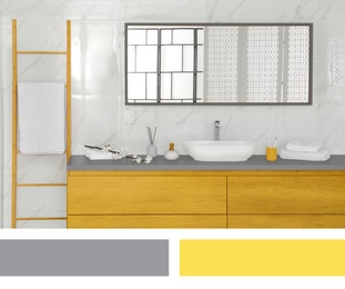 Color of the year 2021. Large mirror over vessel sink in stylish bathroom interior