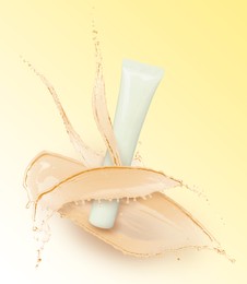 Splashes of cosmetic product and tube with space for design on yellow gradient background