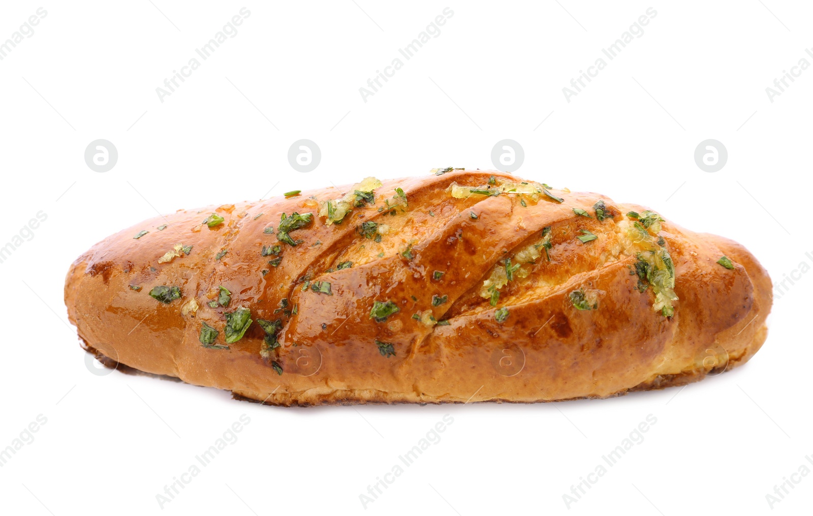 Photo of Bread loaf with garlic and herbs on white background