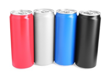 Energy drinks in colorful cans isolated on white
