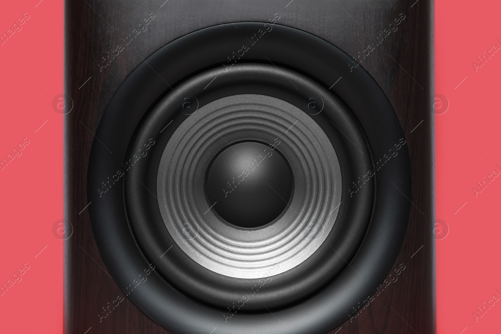 Photo of One wooden sound speaker on red background, closeup