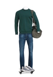 Photo of Male mannequin with bag dressed in stylish dark green sweatshirt and jeans isolated on white