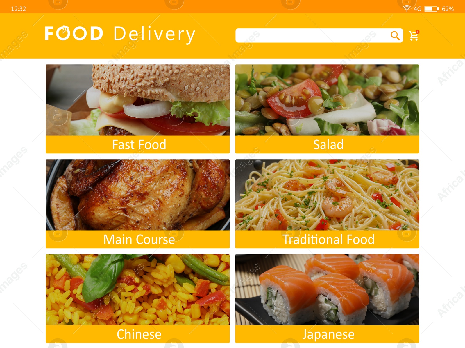 Image of Food delivery app. Display with appetizing menu