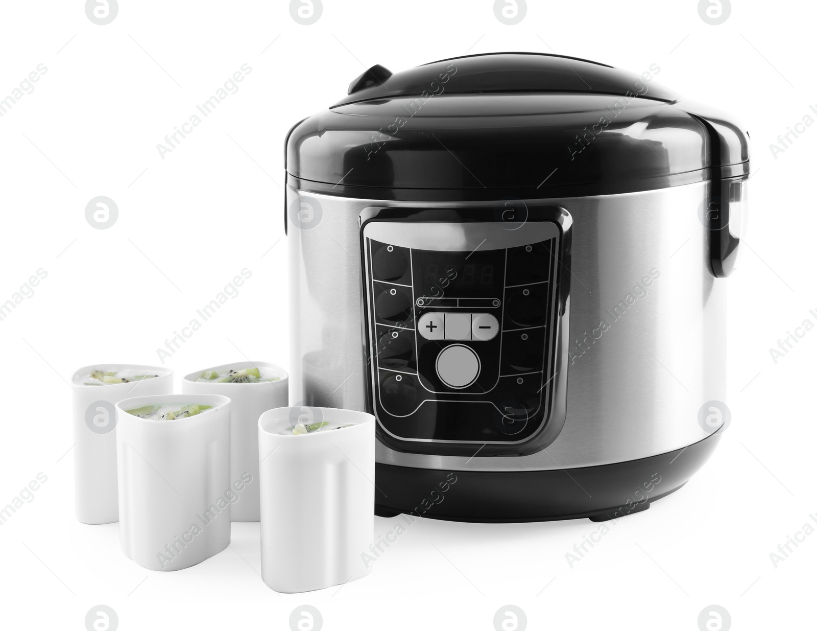 Photo of Modern multi cooker with cups of homemade yogurt isolated on white