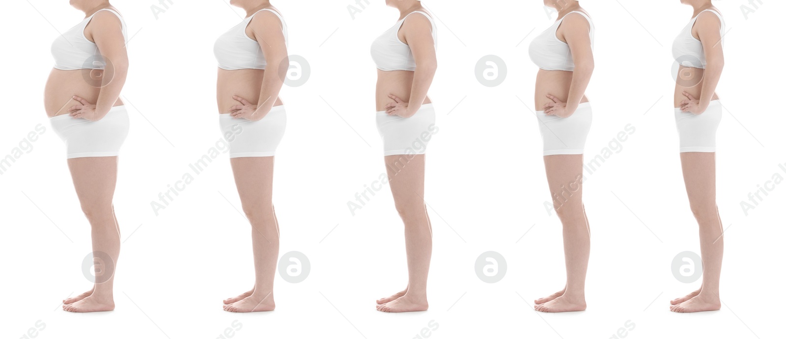 Image of Collage with photos of overweight woman before and after weight loss on white background,closeup. Banner design 