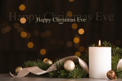 Image of Happy Christmas Eve, postcard design. Beautiful composition with burning candle on table against blurred lights 