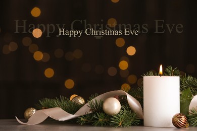 Happy Christmas Eve, postcard design. Beautiful composition with burning candle on table against blurred lights 