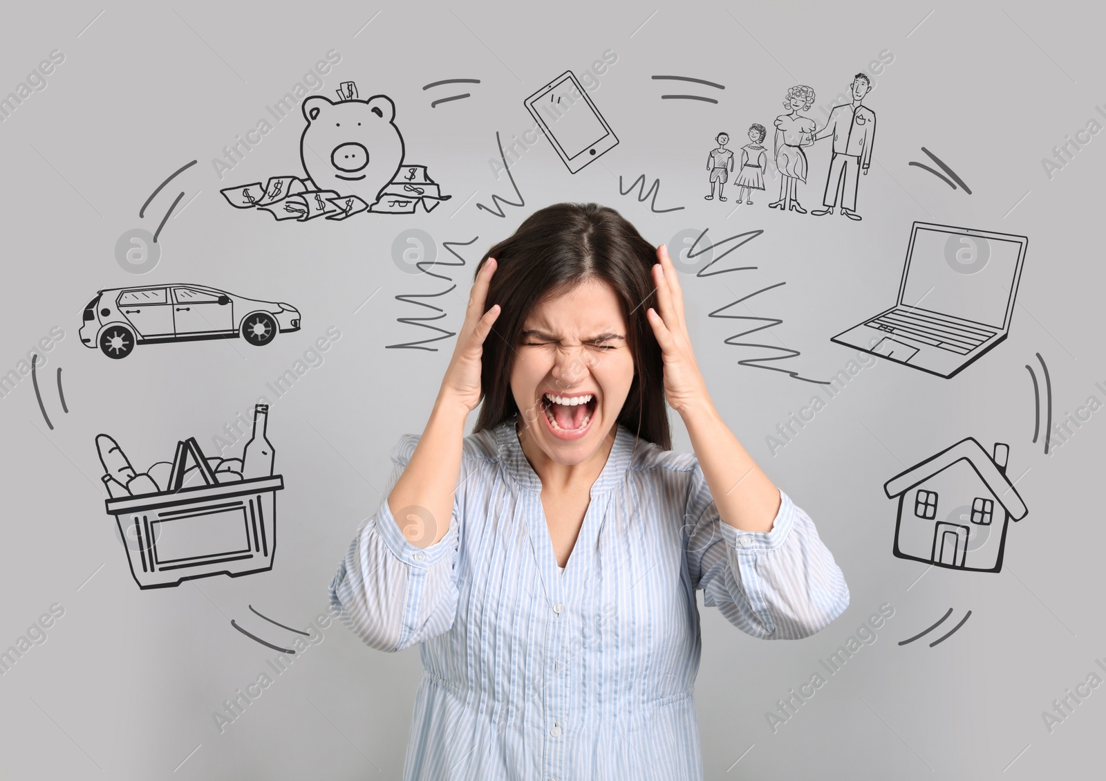 Image of Overwhelmed woman and illustration of different tasks around her on light grey background