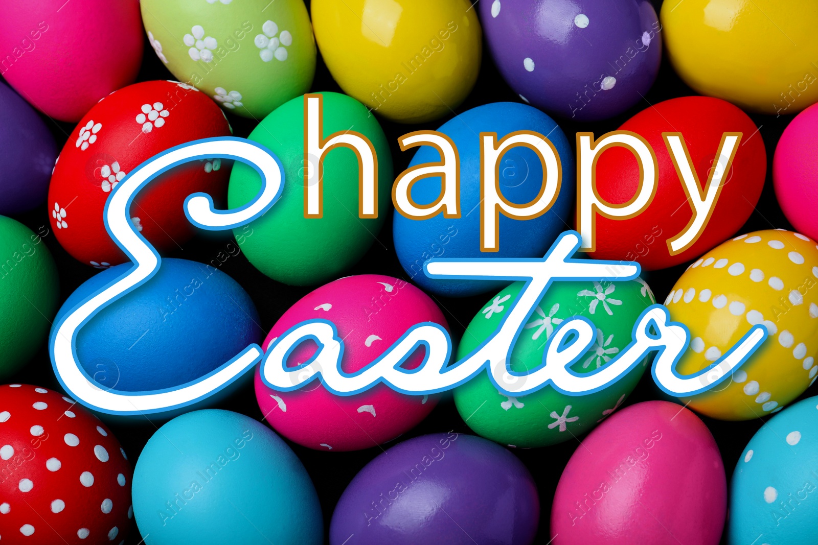 Image of Happy Easter. Colorful eggs as background, top view 