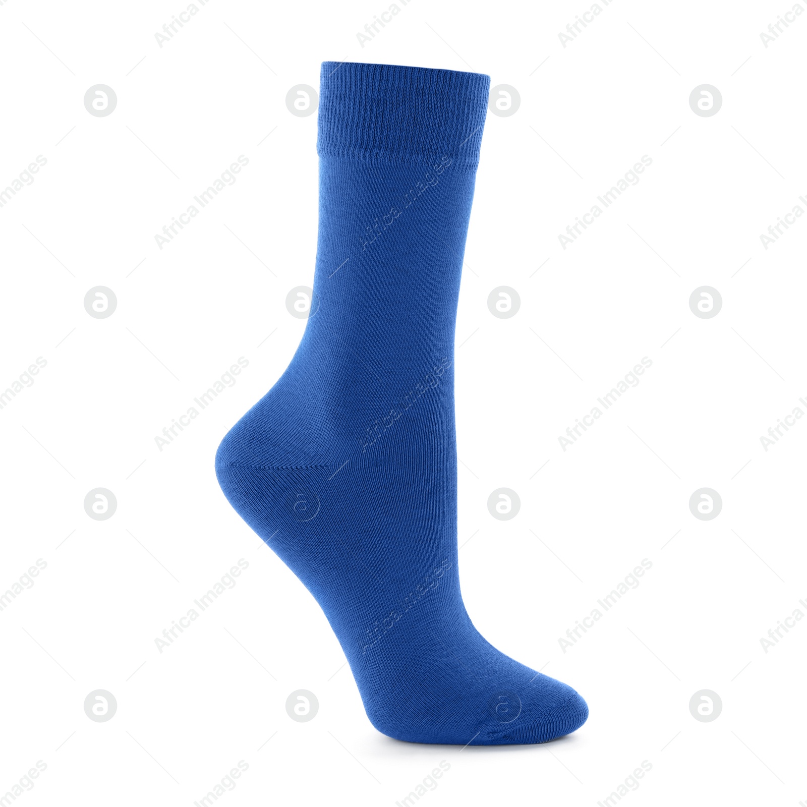 Photo of New blue sock isolated on white. Footwear accessory