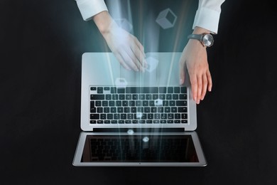 Image of Speed internet. Woman using laptop on black background, top view. Motion blur effect symbolizing fast connection
