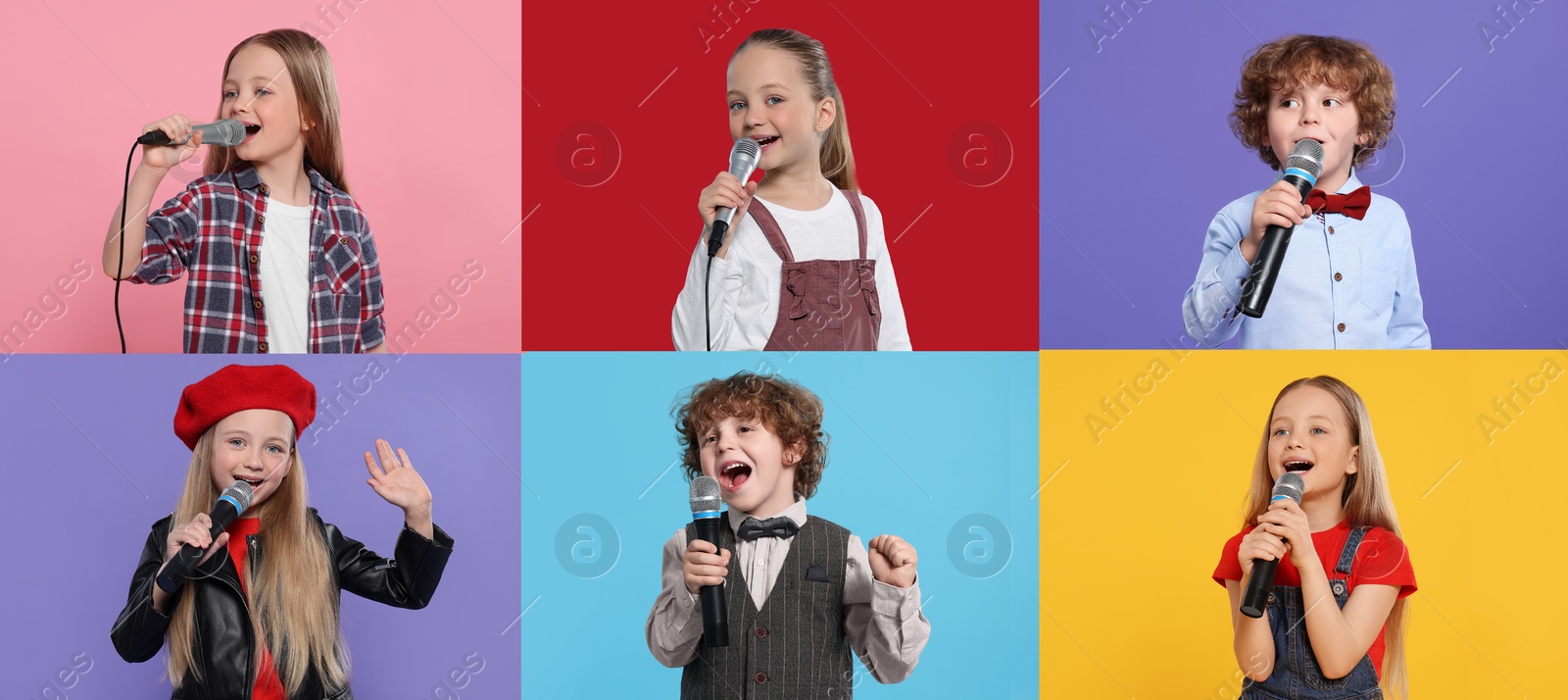 Image of Children singing on different color backgrounds, collection of photos