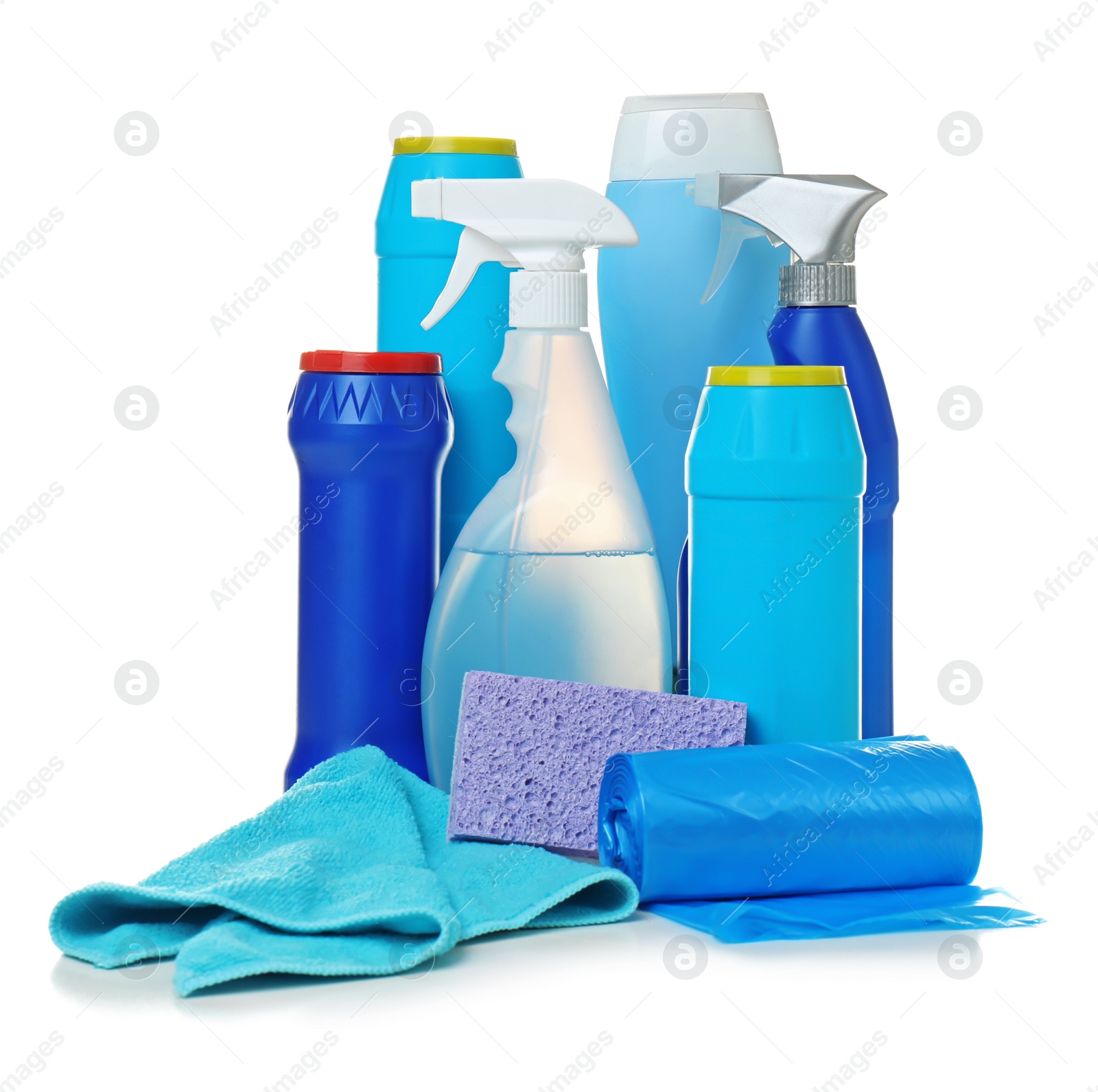 Photo of Different cleaning supplies on white background