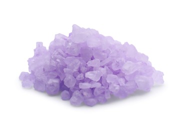 Photo of Heap of violet sea salt isolated on white